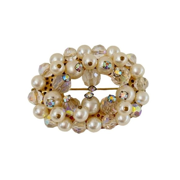 Vintage Brooch Aurora Borealis Beads Faux Pearls Oval 2" - Picture 1 of 6